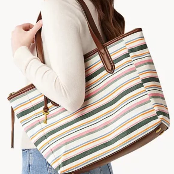Fossil Tote Shopper Bag Spring Stripe Purse NWT - Picture 4 of 5